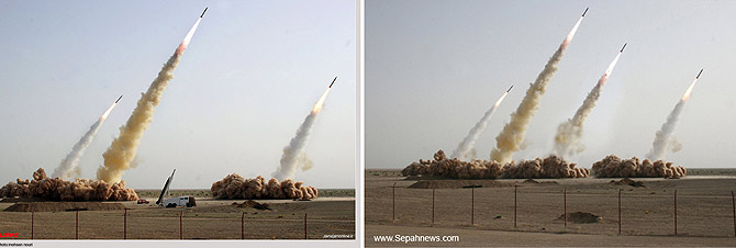 Comparacin entre las fotos trucada y orignal de los misiles iranes. (Foto: AFP Photo / Sepah News)