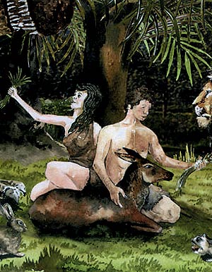 Ilustración de la teoría del creacionismo. Adán y Eva en el paraíso dando de comer a un león y a un dinosaurio. (Ilustración: Miguel García Ramos)