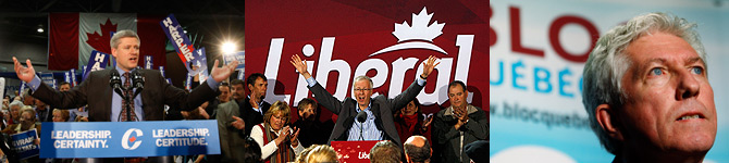 Los candidatos Stephen Harper (Partido Conservador), Stphane Dion (Partido Liberal) y Gilles Duceppe (Bloque Quebequs), en la campaa. (Fotos: REUTERS)