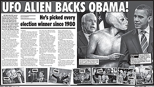 Un extraterrestre da su apoyo al demcrata Barack Obama, en 'Weekly World News'.