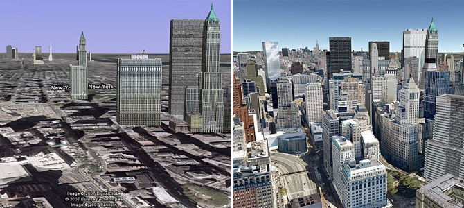 Nueva York, versin Google Earth, en 2007 (izqda.) y en 2008 (dcha.).
