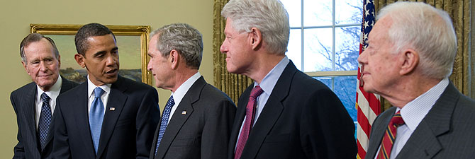 George Bush Senior, Barack Obama, George W. Bush, Bill Clinton y Jimmy Carter. (Foto: AFP)