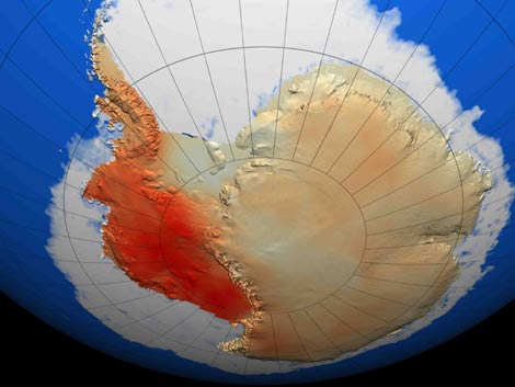 Imagen de la Antrtida que muestra el calentamiento del continente, muy significativo en la parte occidental (rojo), significativo en la Pennsula y ligero en la parte oriental. (Foto: 'Nature')