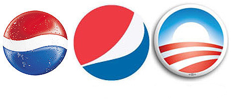 De izda. a dcha., el antiguo logo de Pepsi, el adoptado en 2008 y el de la campaa de Obama.