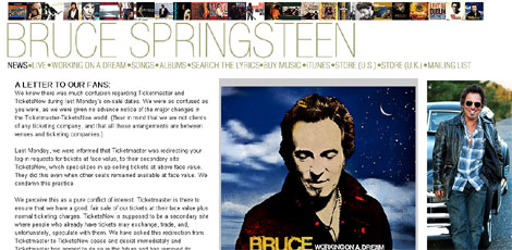 Carta a los fans en la web de Springsteen.