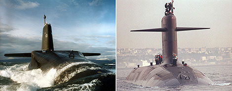 El submarino britnico 'HMS Vanguard', a la izquierda, y el francs 'Le Triomphant'. | AFP