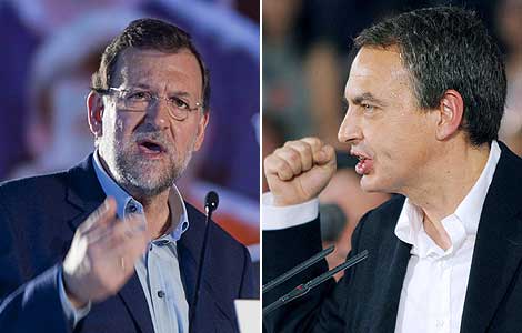 Rajoy y Zapatero, durante sus mtines electorales. (Fotos: Mitxi | EFE)