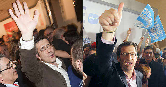 Patxi Lpez, izda. y Alberto Nez Feijo, celebran sus resultados electorales. | Iaki Andrs | Efe