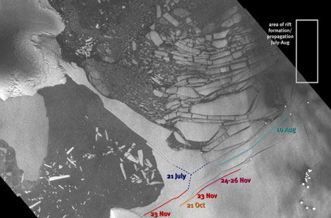 Imagen captada por un satélite de la ESA que muestra la ruptura de hielo en la Antártida. | ESA