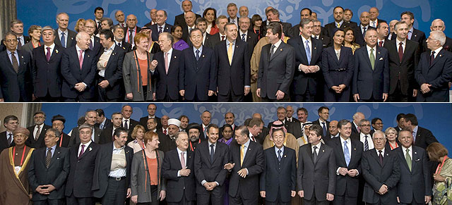 Arriba, la foto sin Zapatero; abajo, con el presidente espaol. | Efe