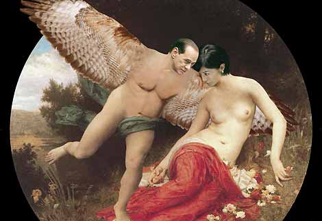 Un Berlusconi alado se acerca a una Carfagna desnuda y sentada sobre la hierba. | Efe