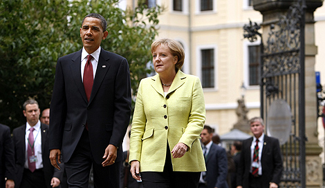 Obama y la canciller alemana, en Dresde. | AP