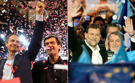 Zapatero apoya a Lpez Aguilar y Rajoy hace lo propio con Mayor Oreja. | Efe y Alberto Di Lolli