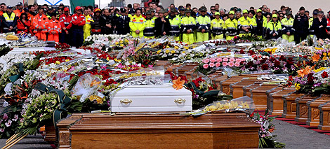 Vista de lso ataudes durante el funeral de las vctimas del terremoto. | Efe