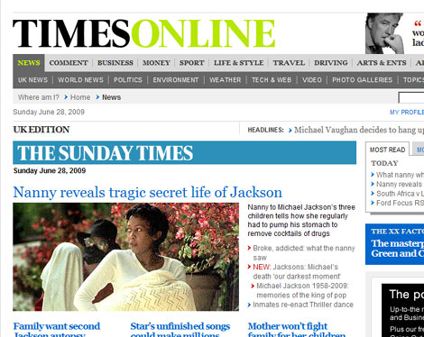 Imagen de la niera en la portada del 'Sunday Times'.