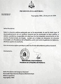 Carta falsa de renuncia del presidente Zelaya. | Efe