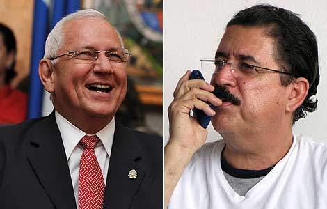 A la izquierda, Roberto Micheletti, proclamado nuevo presidente de Honduras. A la derecha, Manuel Zelaya, expulsado del cargo de presidente y deportado a Costa Rica. | Fotos: AFP