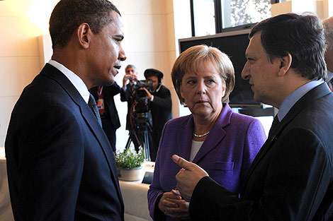 Obama, Merkel y Barroso, durante la reunin de hoy.