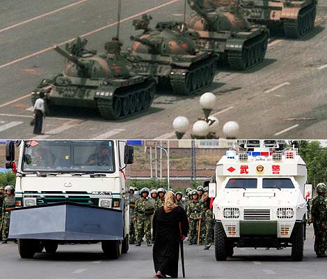 Un hombre se enfrenta a los tanques en Pekn y una mujer hace lo mismo en Urumqi. | AP | Reuters