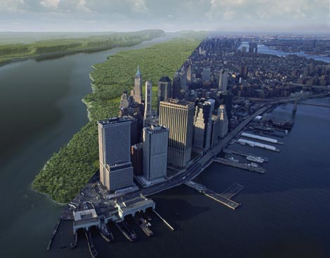 Montaje de la isla neoyorquina hace 400 años y en la actualidad. |The Mannahatta Proyect