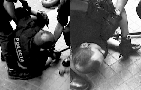 Dos fotogramas del agente agredido en el suelo, con el 'kubotn' en la mano.