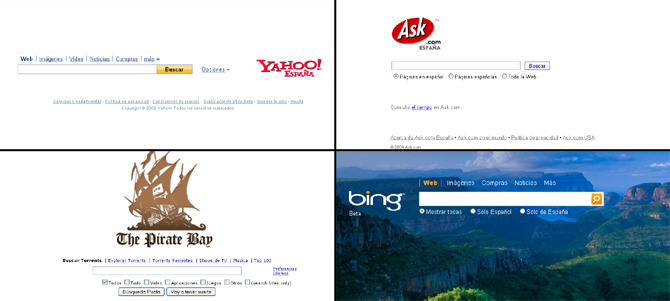 Páginas de búsqueda de Yahoo!, Ask, The Pirate Bay y Bing, todas similares a la de Google.
