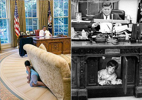 A la izq., Sasha Obama con su padre en agosto; a la dcha., JFK padre e hijo en 1963. | AP