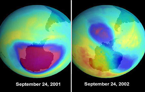 Imagenes del agujero de ozono sobre la Antártida con un año de diferencia. | NASA