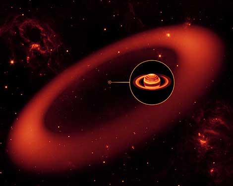 Ilustración de la vista infrarroja del nuevo anillo de Saturno. | NASA.