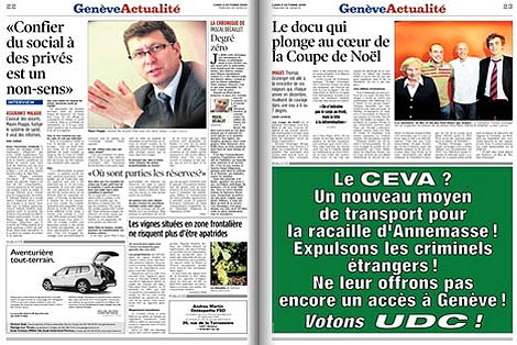 El anuncio de la UDC, sobre fondo verde, en 'La Tribune de Genve'.