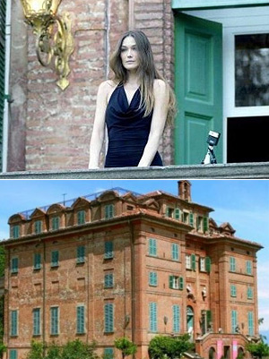 Arriba, Carla Bruni en el balcn de la mansin. Debajo, vista de la fachada del castillo.