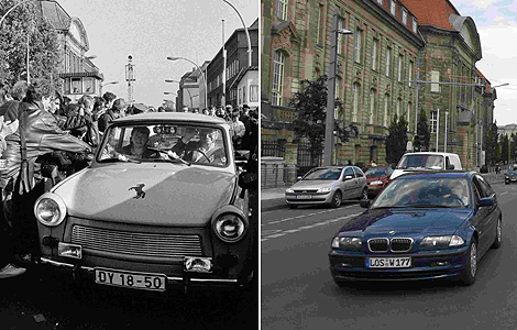Alemanes del Oeste reciben a los del Este en 1989 (izq) y un coche alemn en 2009. | Reuters.