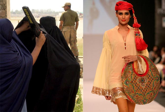 Las dos realidades de Pakistn: una mujer con burka es registrada por una polica y una modelo desfila en la primera semana de la moda de Karachi.| Efe/ AP