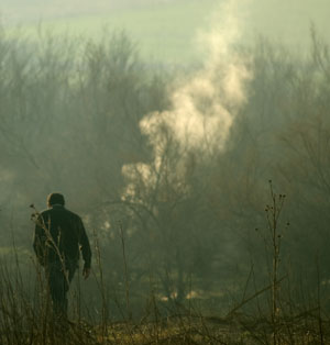 Un hombre observa una columna de humo de los incendios de turba en Daimiel. (Pedro Armestre).