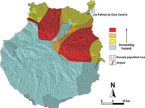 En rojo, las zonas con ms peligro volcnico de Gran Canaria. | A. Rodrguez-Gonzlez | SINC