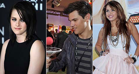 De izda a dcha, Kristen Stewart, Taylor Lautner y Miley Cyrus. AFP/AP/G. Arroyo