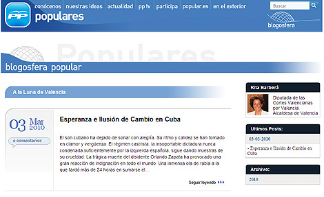 Portada del 'blog' de Rita Barberá en la web del Partido Popular. | www.pp.es