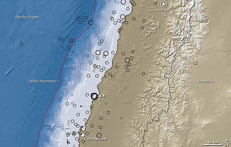 Detalle de la zona en la que se produjo el terremoto del 27 de febrero en Chile. | NASA
