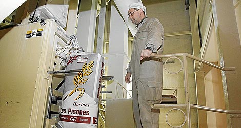 Un trabajador de Los Pisones analiza un saco de la harina 'que no engorda' . | Jos Francisco Gamazo