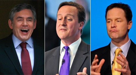 De izqda. a dcha., Gordon Brown, David Cameron y Nick Clegg.