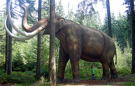 Una niña de tres años junto a una reconstrucción de un mamut.