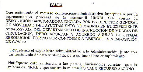 Extracto de la sentencia de los juzgados contra el Ayuntamiento de Madrid.