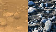 Cantos rodados en Titán y en la Tierra | NASA/JPL/ESA/Univ. Arizona, S. Matheson.