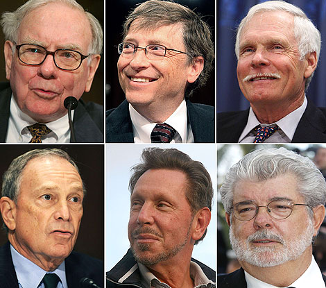 Warren Buffett, Bill Gates, Ted Turner, George Lucas, Larry Ellison y Michael Bloomberg. | Afp