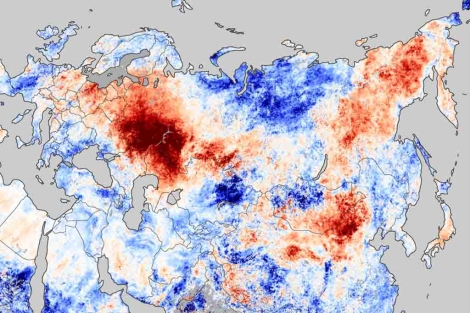 Imagen de la NASA que muestra en rojo los lugares de Eurasia cuya temperatura superficial superaba los valores medios del periodo 2000-2008 en la semana final de julio de 2010.