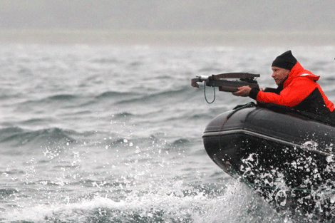 El primer ministro ruso apuntando a las ballenas. | AFP