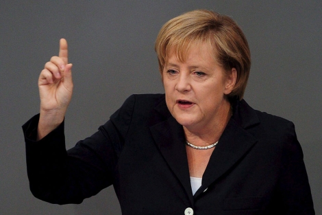 Angela Merkel pronunciando un discurso en el Bundesbank . | EFE