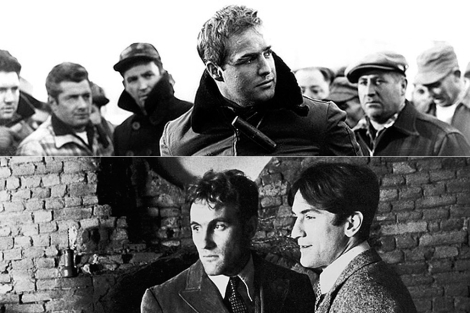 Arriba, Brando en 'La Ley del silencio'. Abajo, Depardieu y De Niro en 'Novecento'.