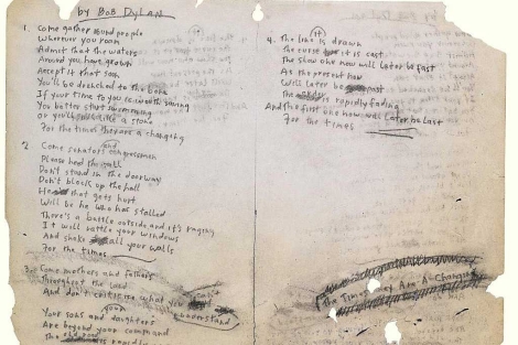 Detalle del manuscrito de 'The Times They are A-Changin', de Bob Dylan. | Efe | Sotheby's