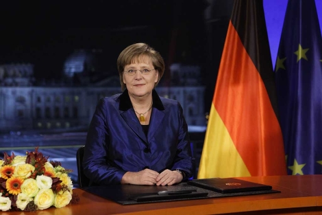 La canciller alemana durante la grabacin del discurso. | Ap